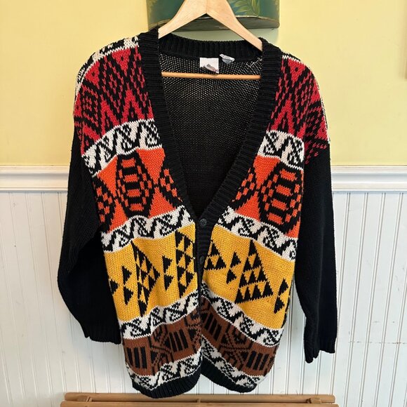 Canteen Sweaters - Canteen M Vintage Oversized Cardigan Sweater Geometric Pattern Black/Yellow